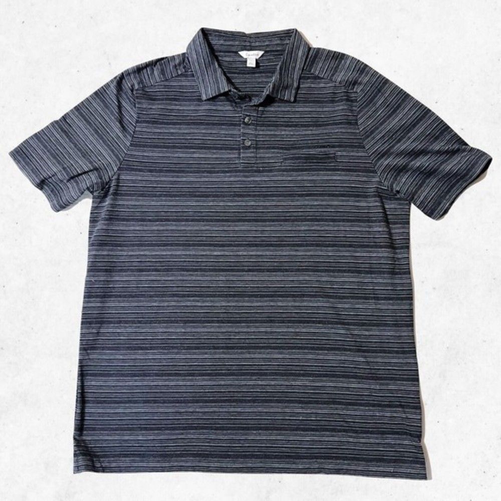 Calvin Klein Men's Polo Shirt Size L Short Sleeve 3 Buttons‎ Gray Stripes Soft